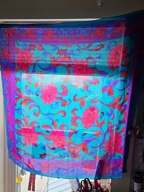 Vibrant Teal Floral Lightweight Vintage Silk Scarf